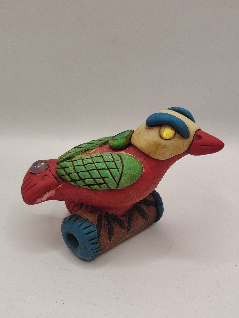 Vintage Colorful Red & Green Clay Bird Water Whistle Made In Peru